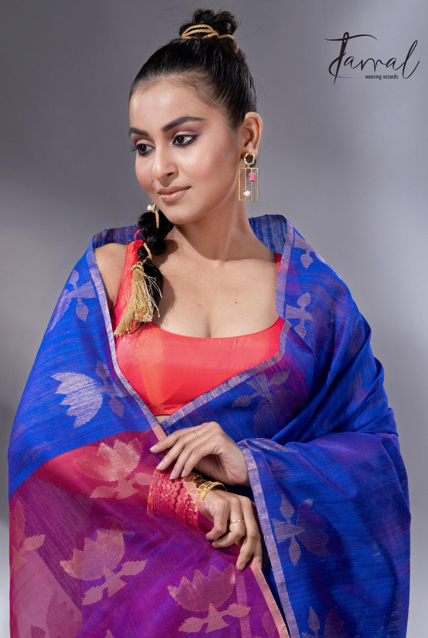 Blue with rani pallu golden lotus matka silk handwoven jamdani saree - Tamal Boutique