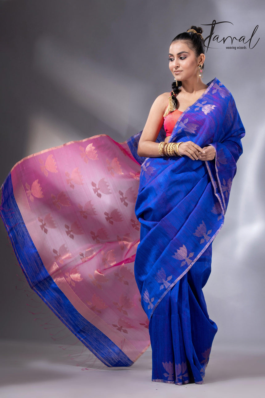 Blue with rani pallu golden lotus matka silk handwoven jamdani saree - Tamal Boutique