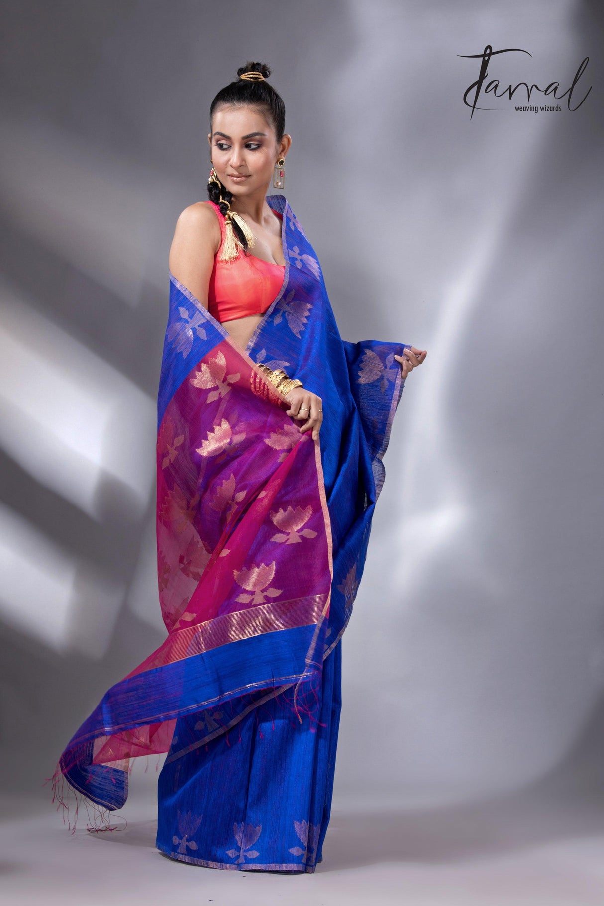 Blue with rani pallu golden lotus matka silk handwoven jamdani saree - Tamal Boutique