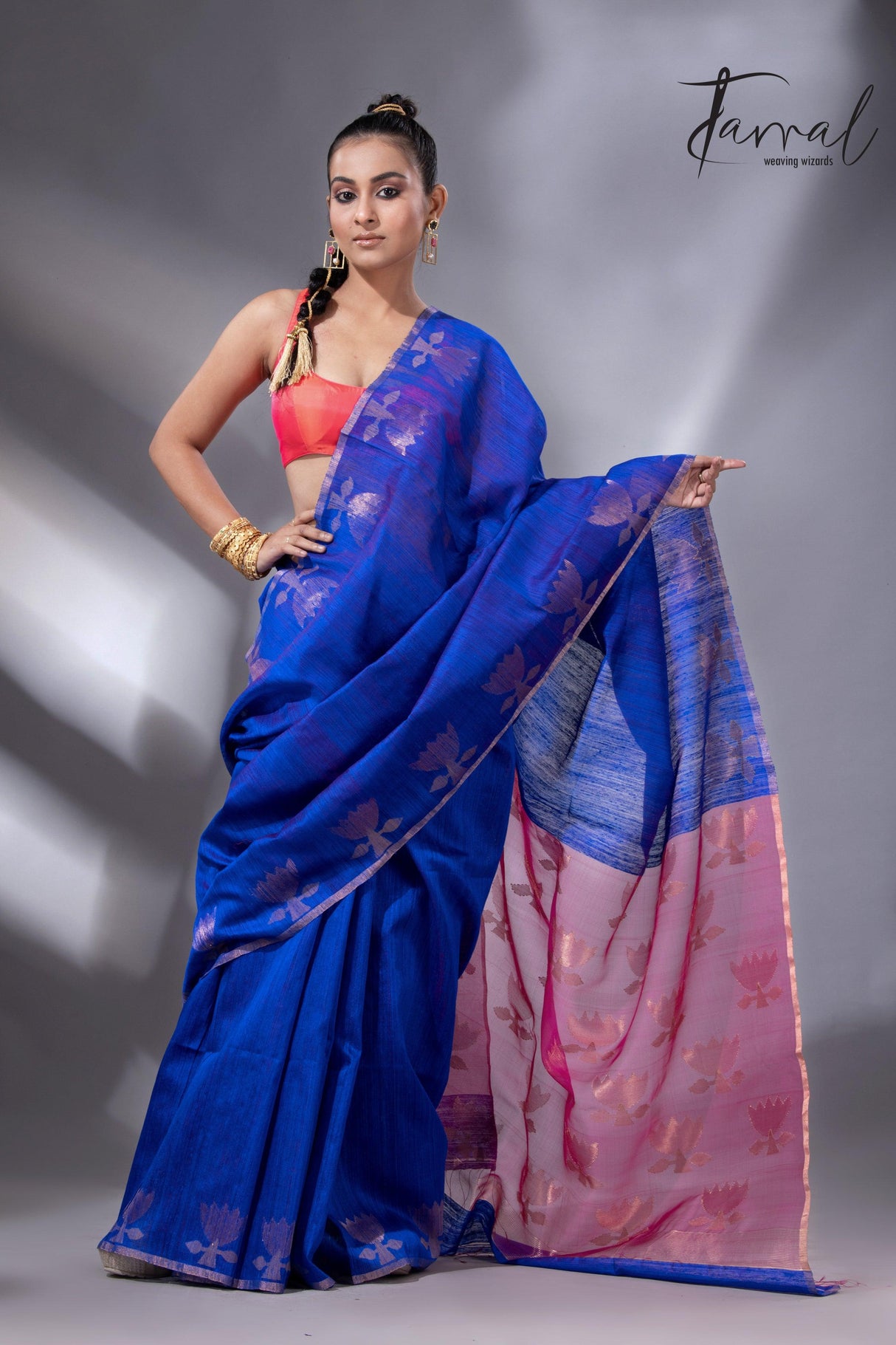 Blue with rani pallu golden lotus matka silk handwoven jamdani saree - Tamal Boutique