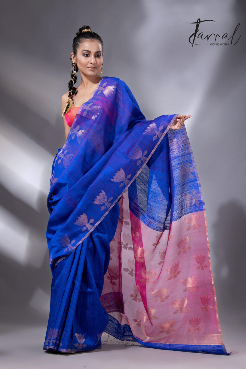 Blue with rani pallu golden lotus matka silk handwoven jamdani saree - Tamal Boutique