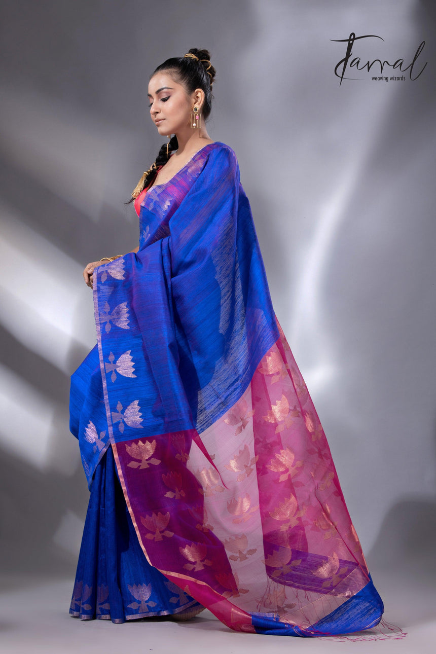 Blue with rani pallu golden lotus matka silk handwoven jamdani saree - Tamal Boutique