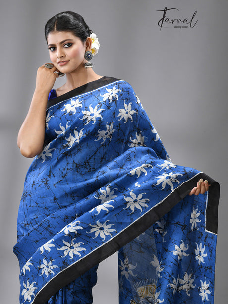 Blue with black border and idol of durga wax batik silk saree