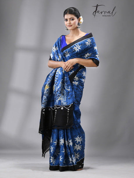 Blue with black border and idol of durga wax batik silk saree