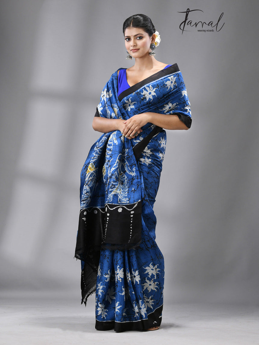Blue with black border and idol of durga wax batik silk saree