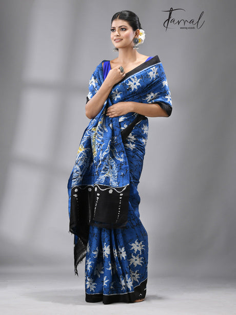 Blue with black border and idol of durga wax batik silk saree