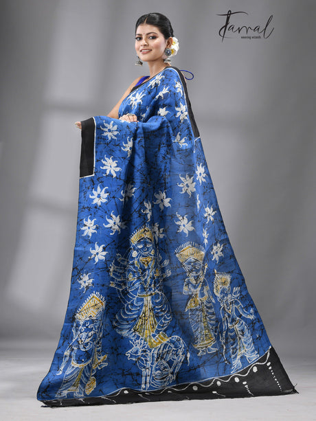 Blue with black border and idol of durga wax batik silk saree