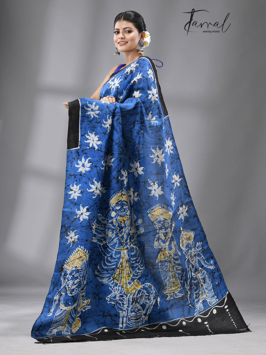 Blue with black border and idol of durga wax batik silk saree