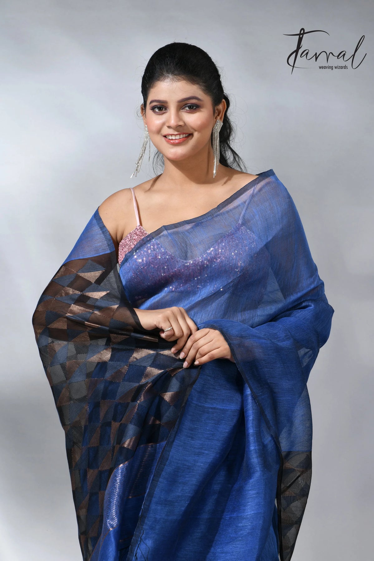 Blue with diamond in pall silk linen handwoven jamdani saree