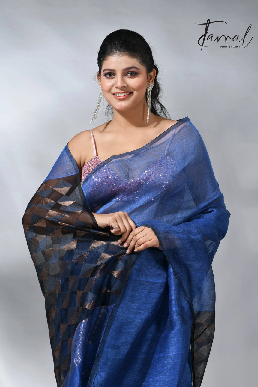 Blue with diamond in pall silk linen handwoven jamdani saree