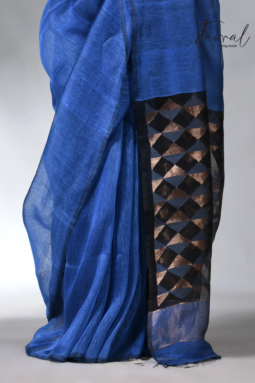 Blue with diamond in pall silk linen handwoven jamdani saree
