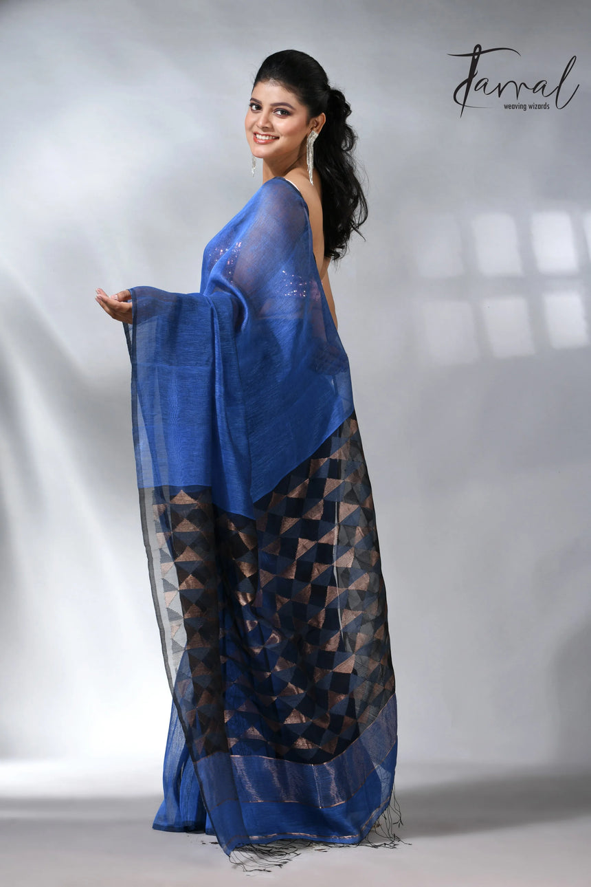 Blue with diamond in pall silk linen handwoven jamdani saree