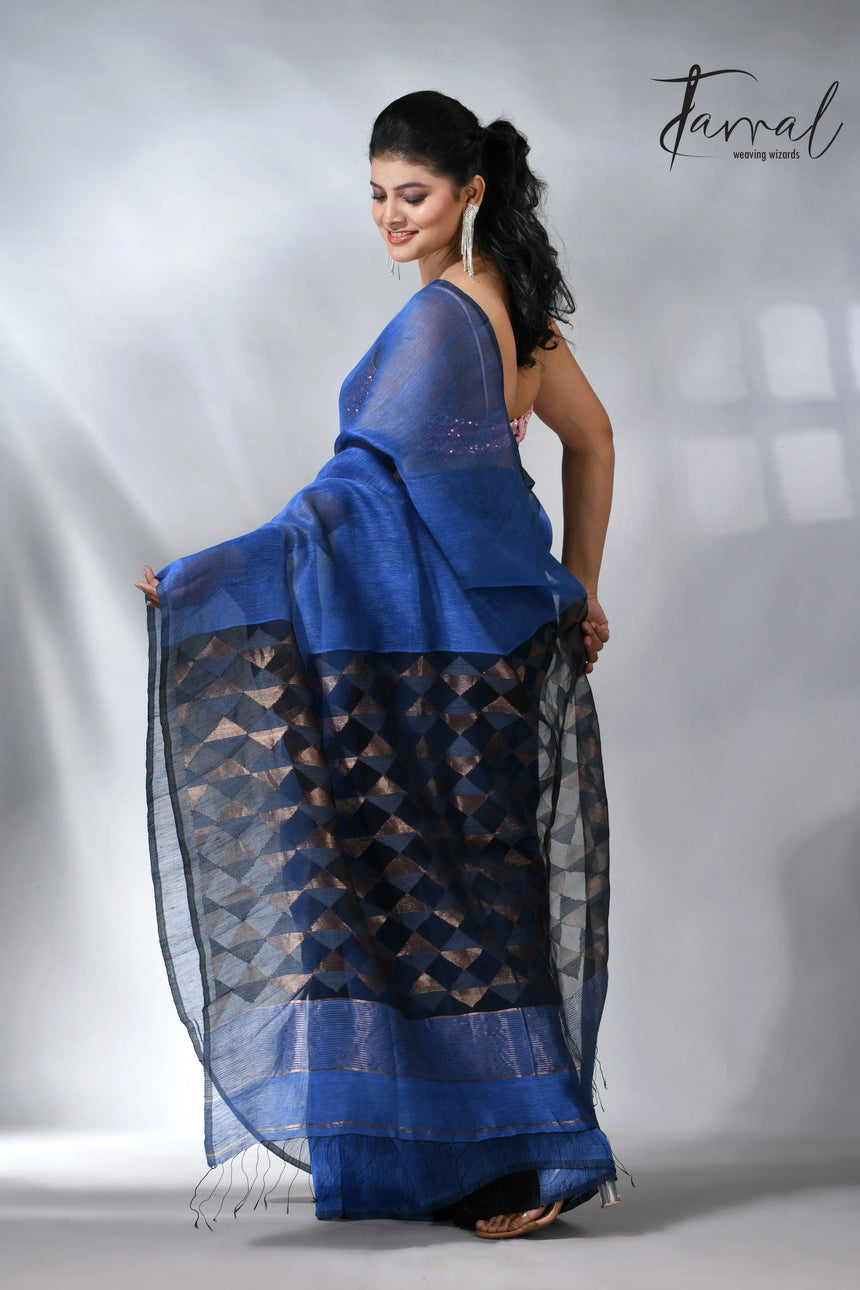 Blue with diamond in pall silk linen handwoven jamdani saree