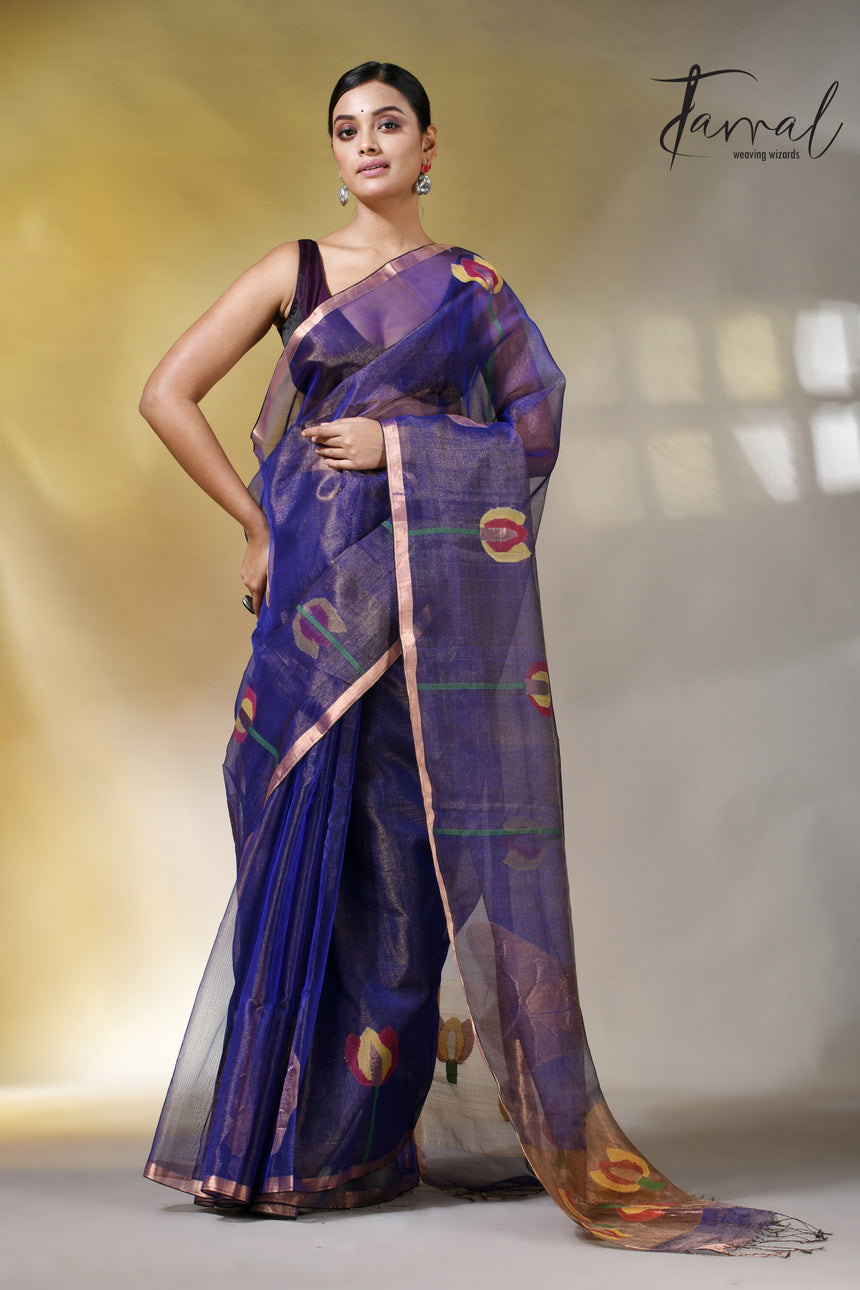 Blue with golden tissue muslin lotus handwoven jamdani saree