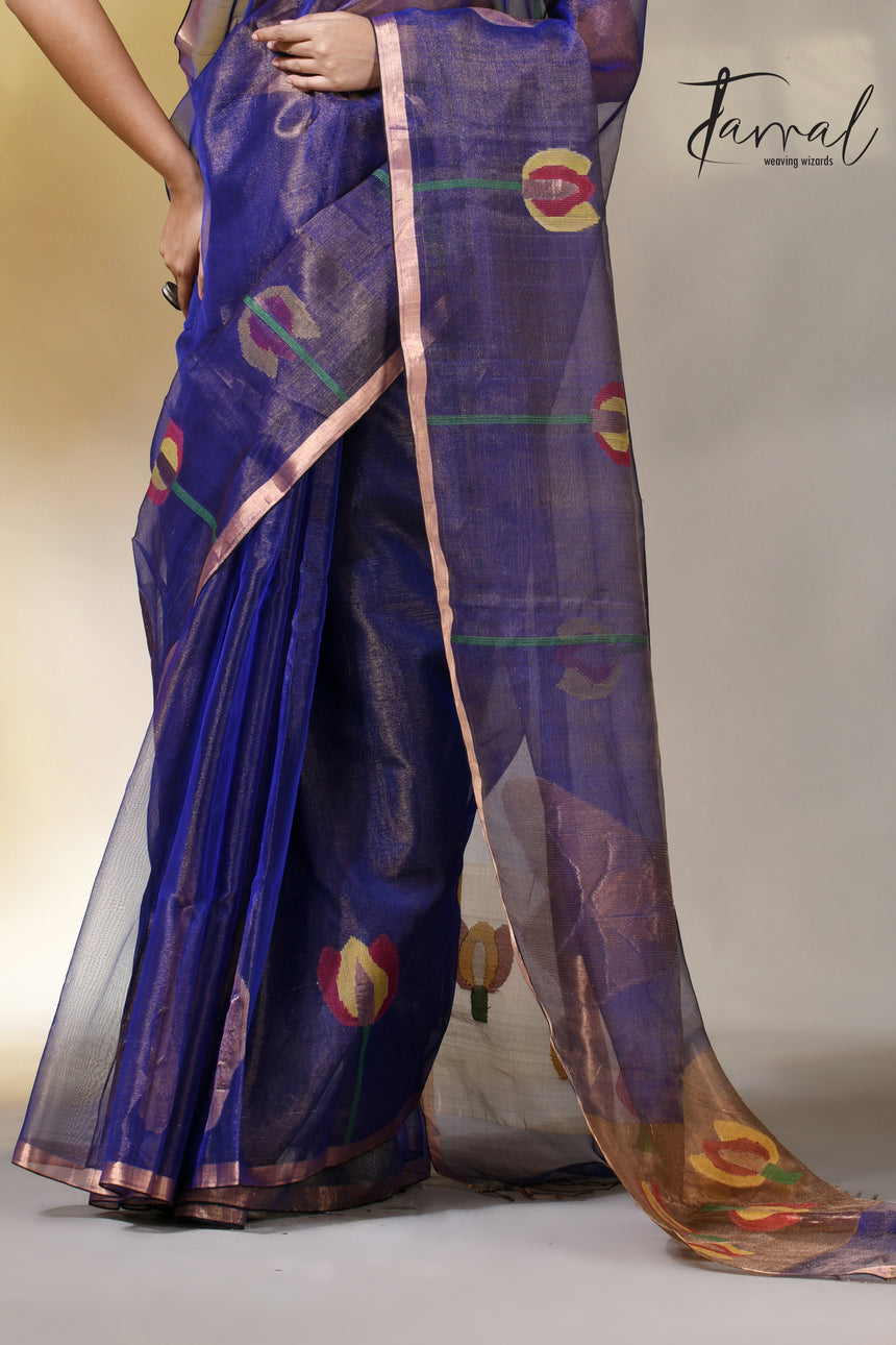 Blue with golden tissue muslin lotus handwoven jamdani saree