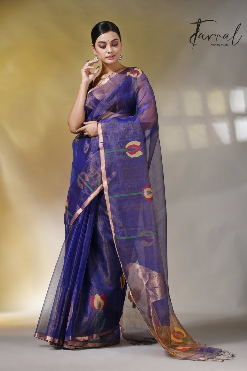 Blue with golden tissue muslin lotus handwoven jamdani saree