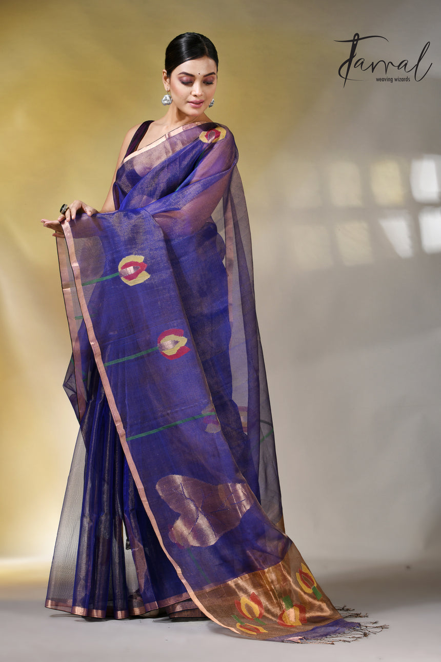 Blue with golden tissue muslin lotus handwoven jamdani saree