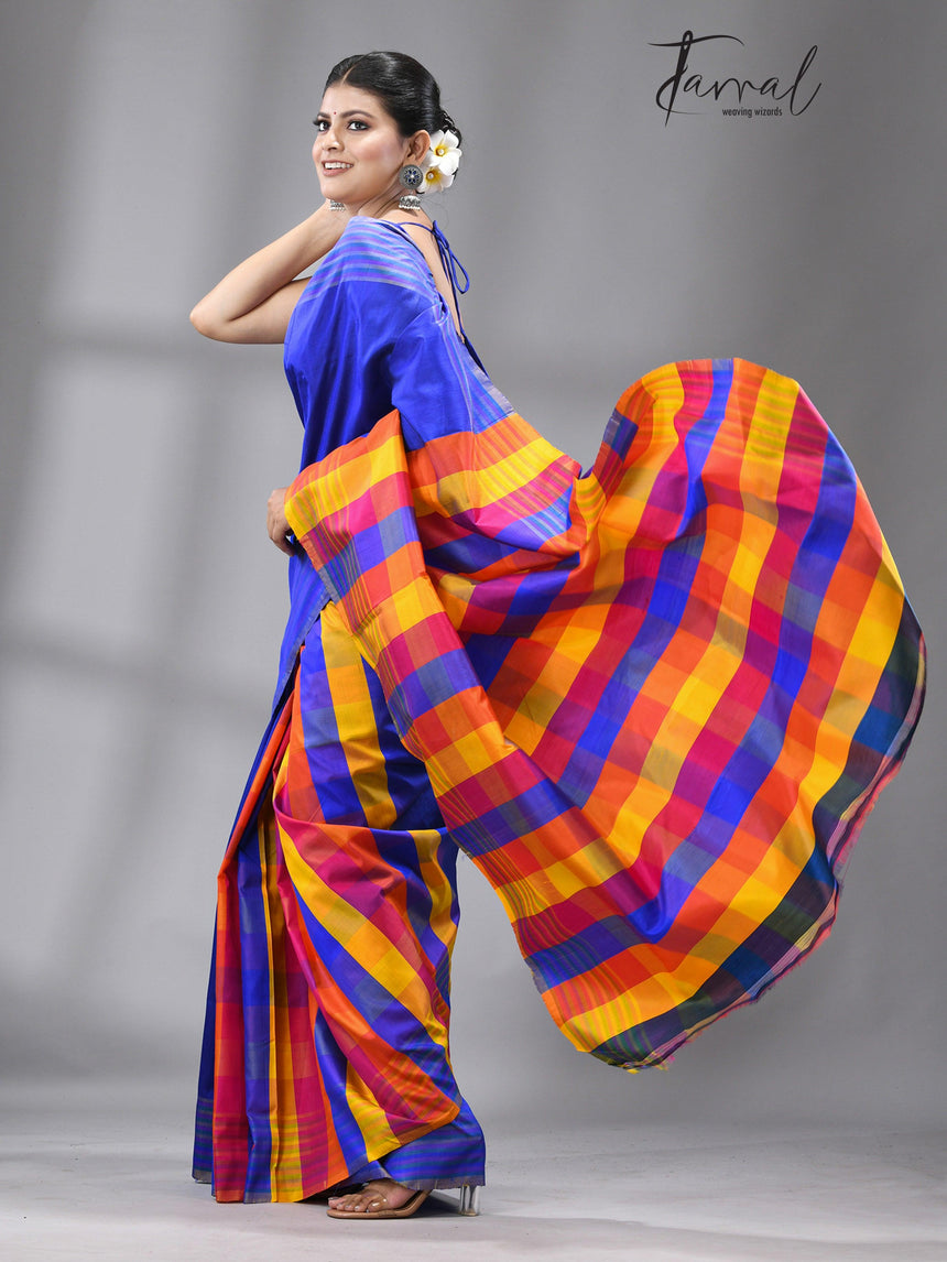 Blue with multicolor Bishnupuri handcrafted katan silk saree