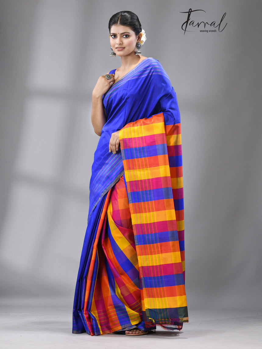 Blue with multicolor Bishnupuri handcrafted katan silk saree
