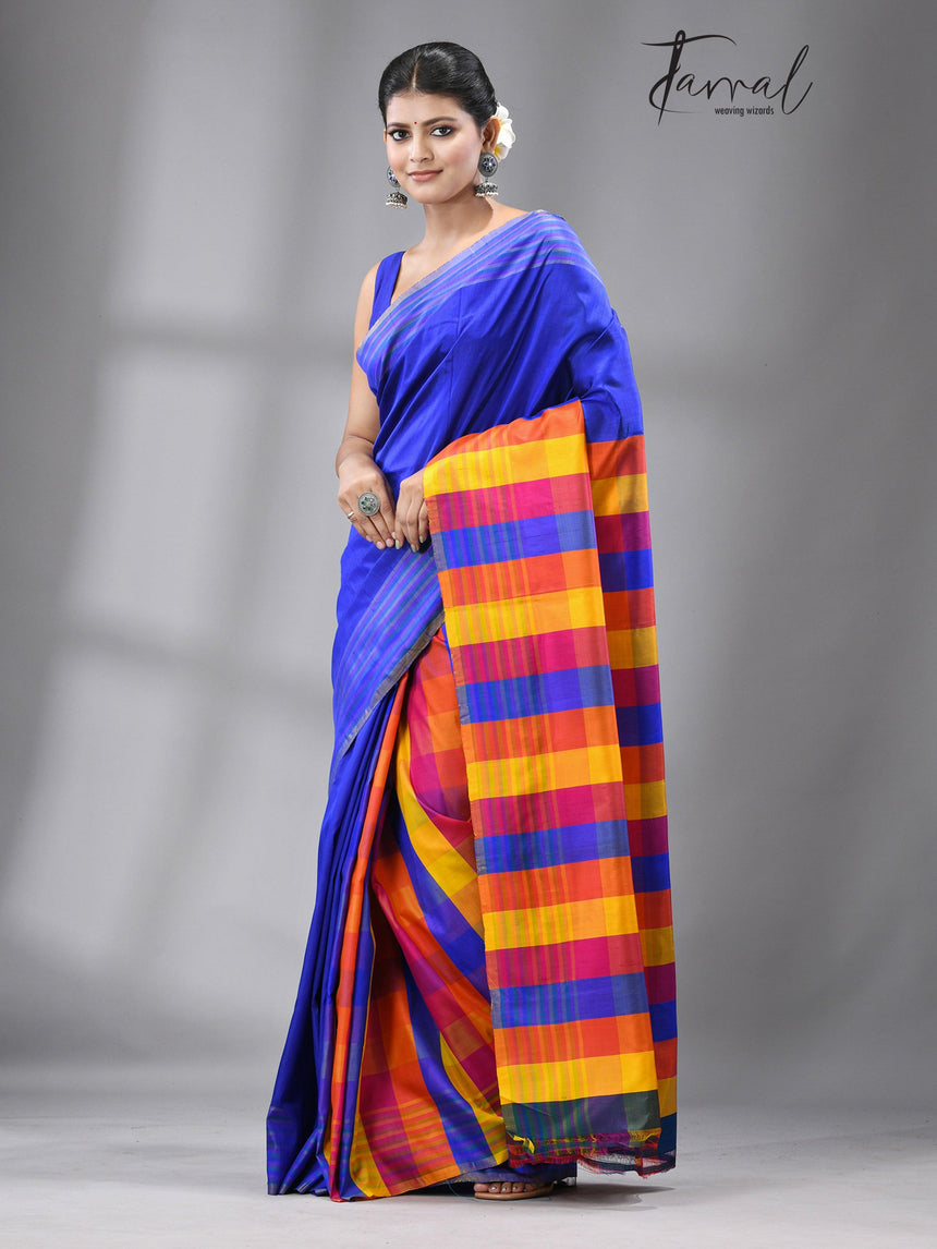 Blue with multicolor Bishnupuri handcrafted katan silk saree