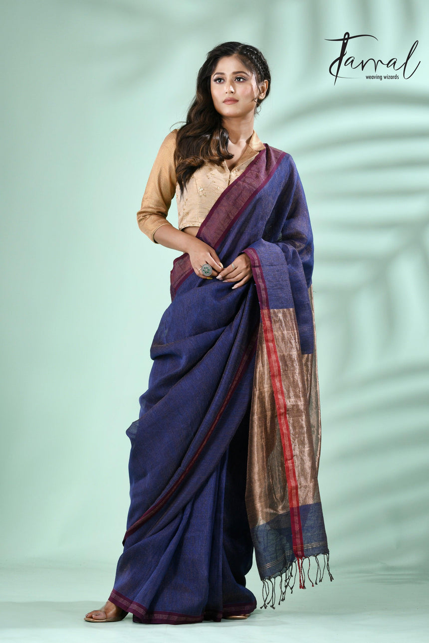 Blue with red border pure tissue linen handloom saree - Tamal Boutique