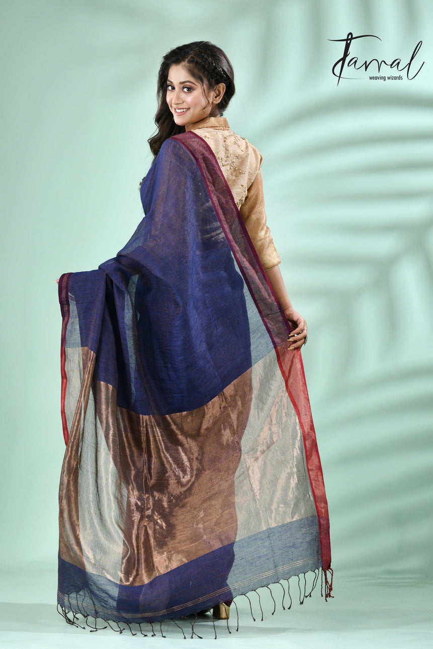 Blue with red border pure tissue linen handloom saree - Tamal Boutique