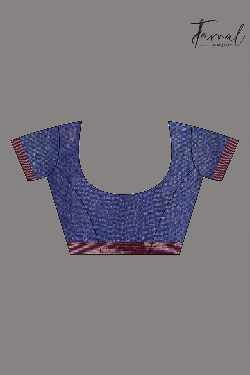Blue with red border pure tissue linen handloom saree - Tamal Boutique