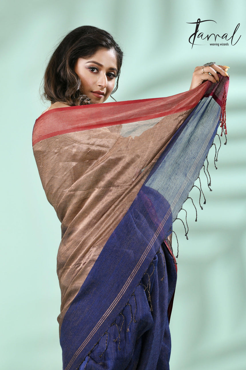 Blue with red border pure tissue linen handloom saree - Tamal Boutique