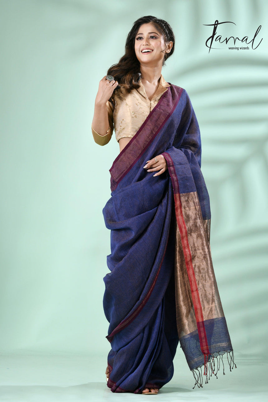 Blue with red border pure tissue linen handloom saree - Tamal Boutique