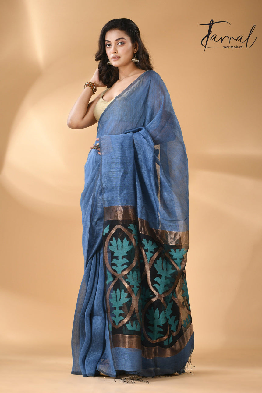 Blue lotus pallu silk linen handwoven jamdani saree full