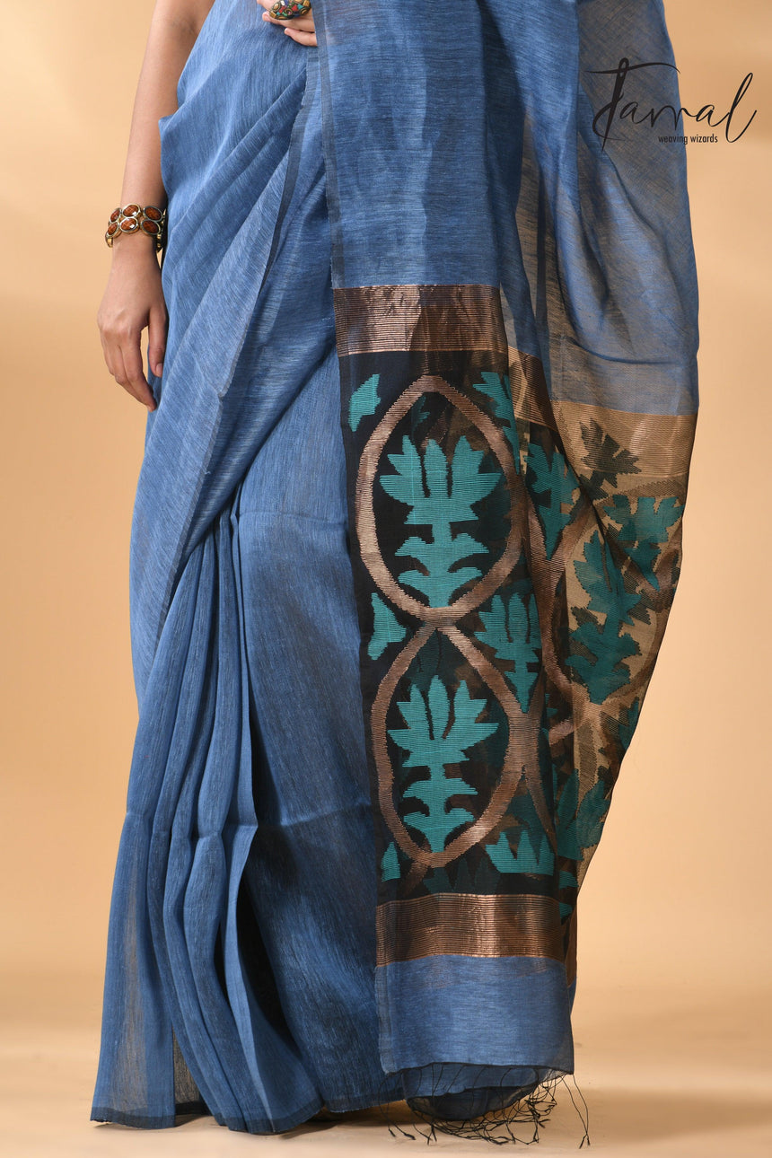 Blue lotus pallu silk linen handwoven jamdani saree bottom