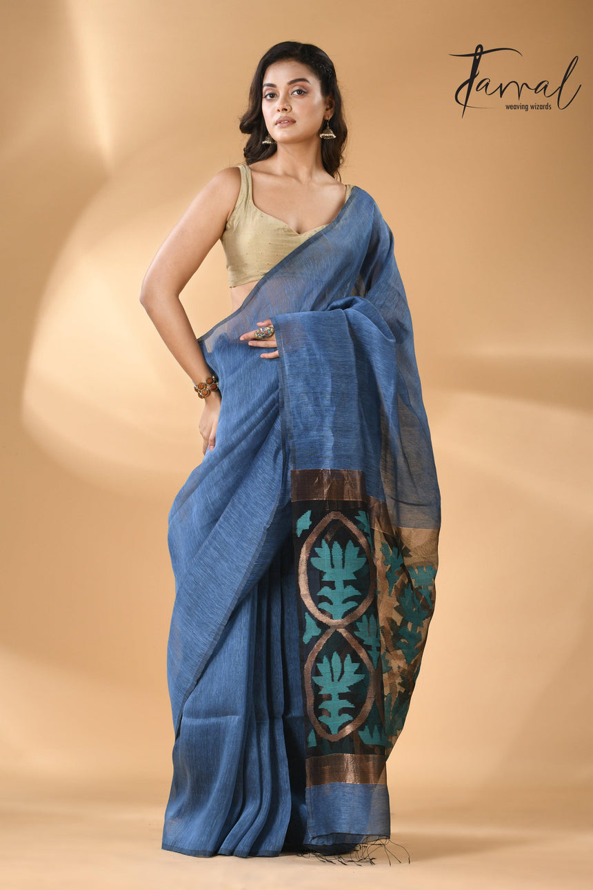 Blue lotus pallu silk linen handwoven jamdani saree full2
