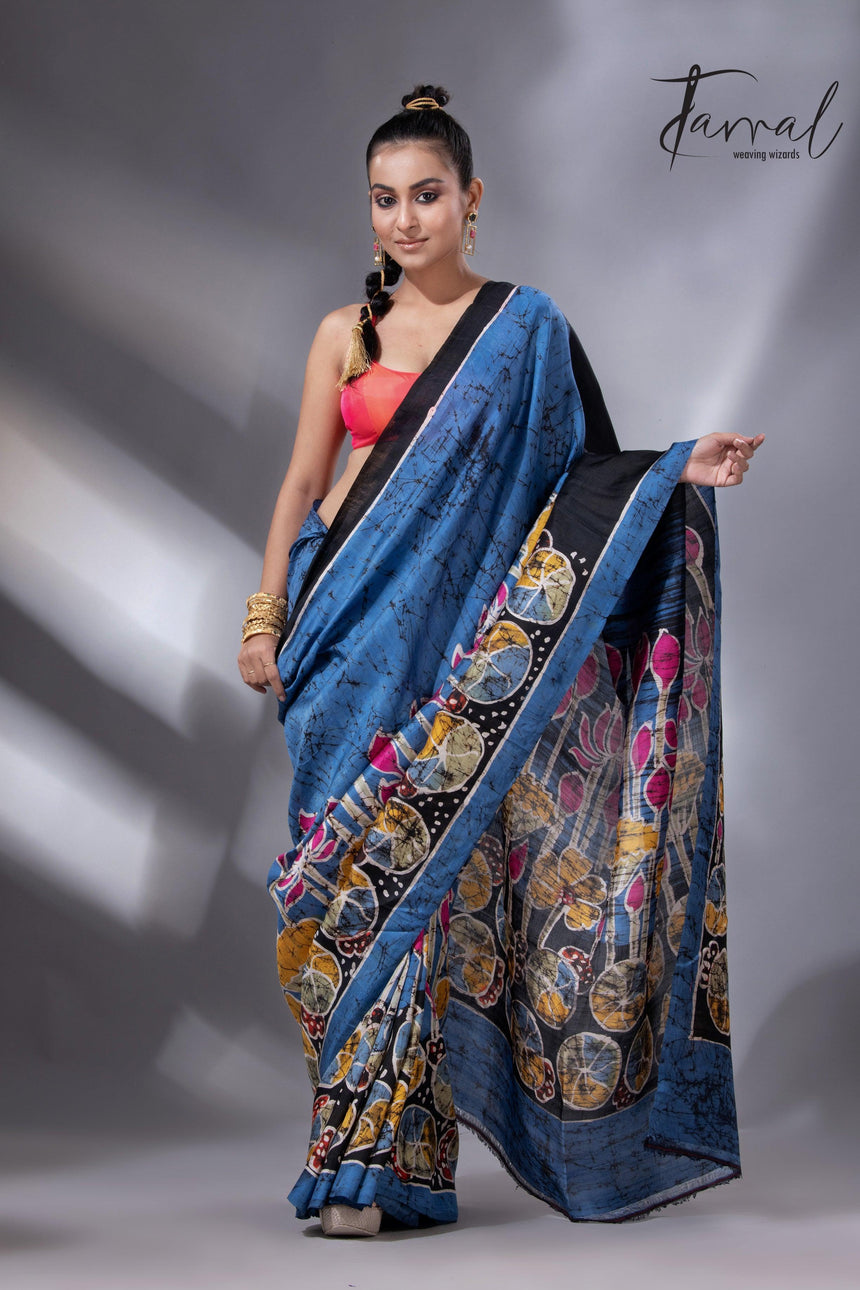 Blue with the multicolour lotus handcrafted batik silk saree