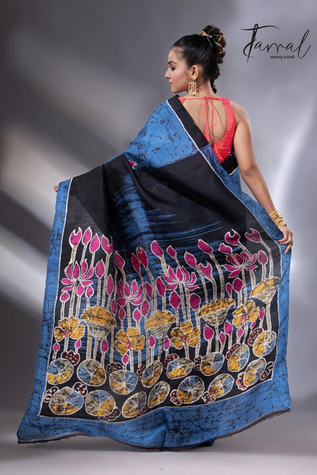 Blue with the multicolour lotus handcrafted batik silk saree