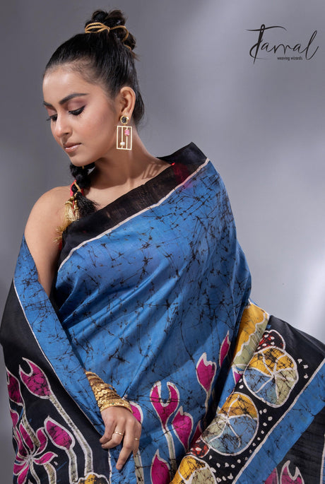 Blue with the multicolour lotus handcrafted batik silk saree
