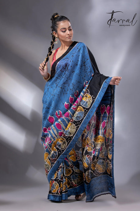 Blue with the multicolour lotus handcrafted batik silk saree