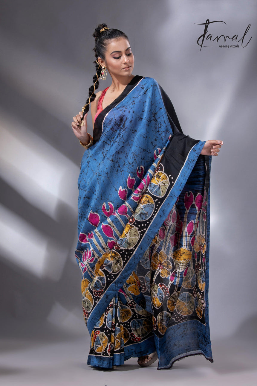 Blue with the multicolour lotus handcrafted batik silk saree