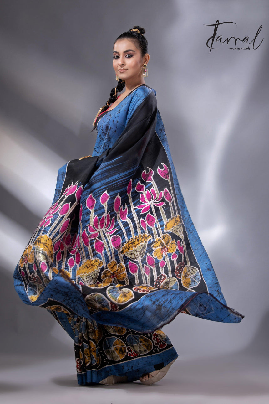 Blue with the multicolour lotus handcrafted batik silk saree