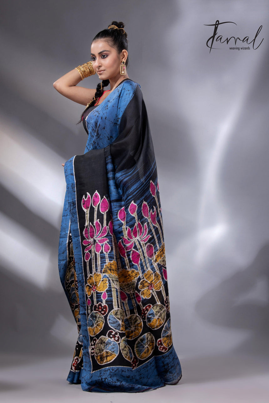 Blue with the multicolour lotus handcrafted batik silk saree