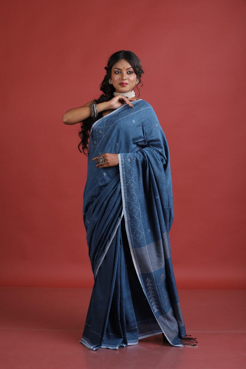 Blue with white border pure cotton handwoven jamdani sarees