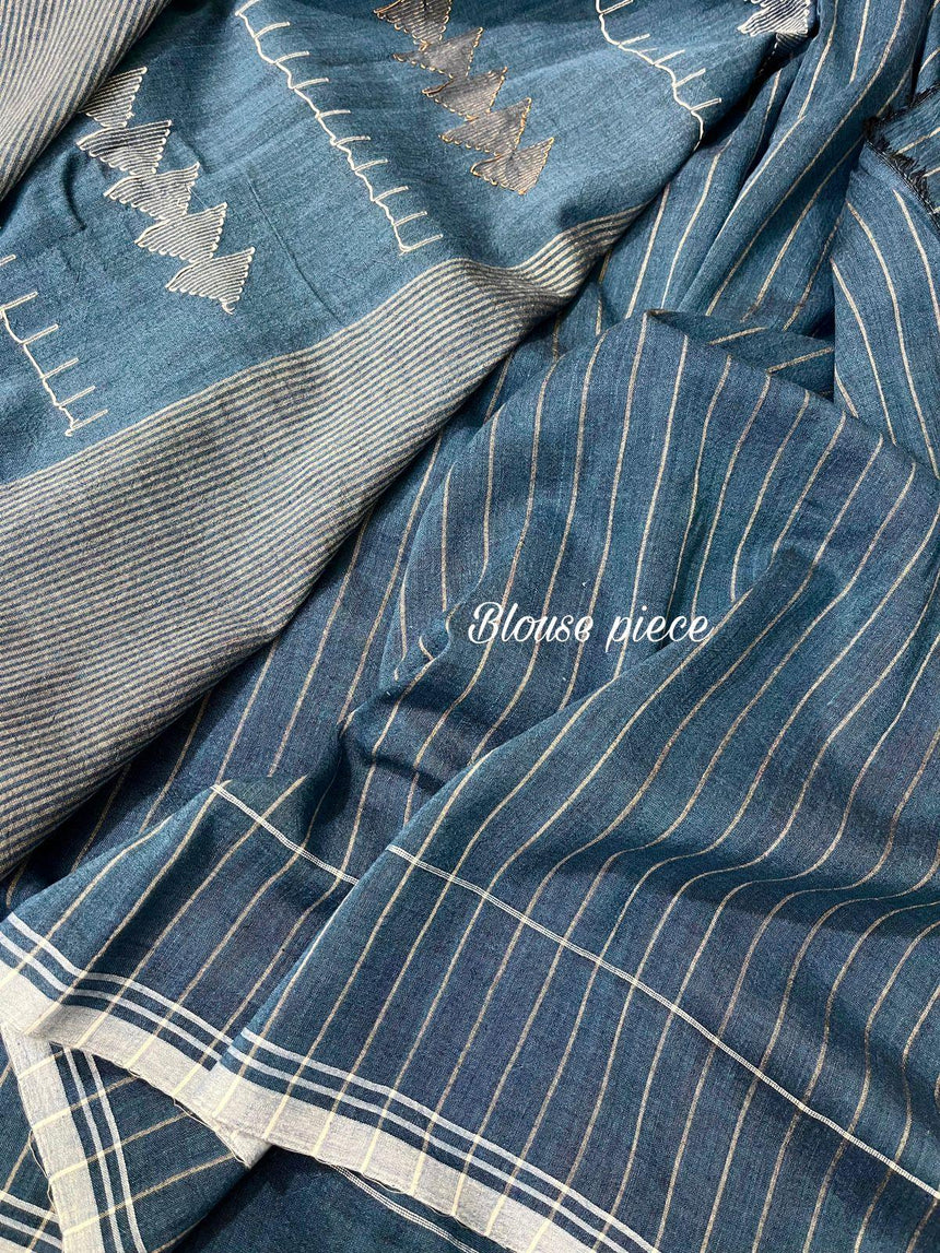 Blue with white border pure cotton handwoven jamdani sarees