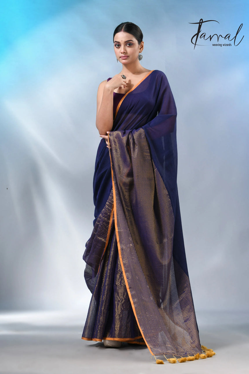 Blue with yellow color border cheack mul cotton handloom saree