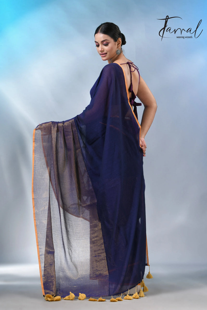 Blue with yellow color border cheack mul cotton handloom saree