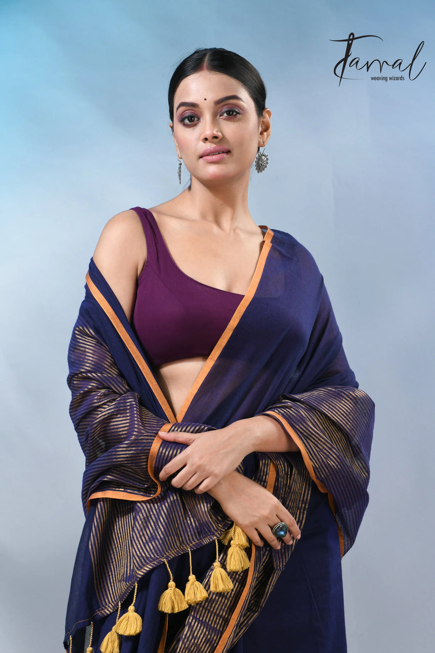 Blue with yellow color border cheack mul cotton handloom saree