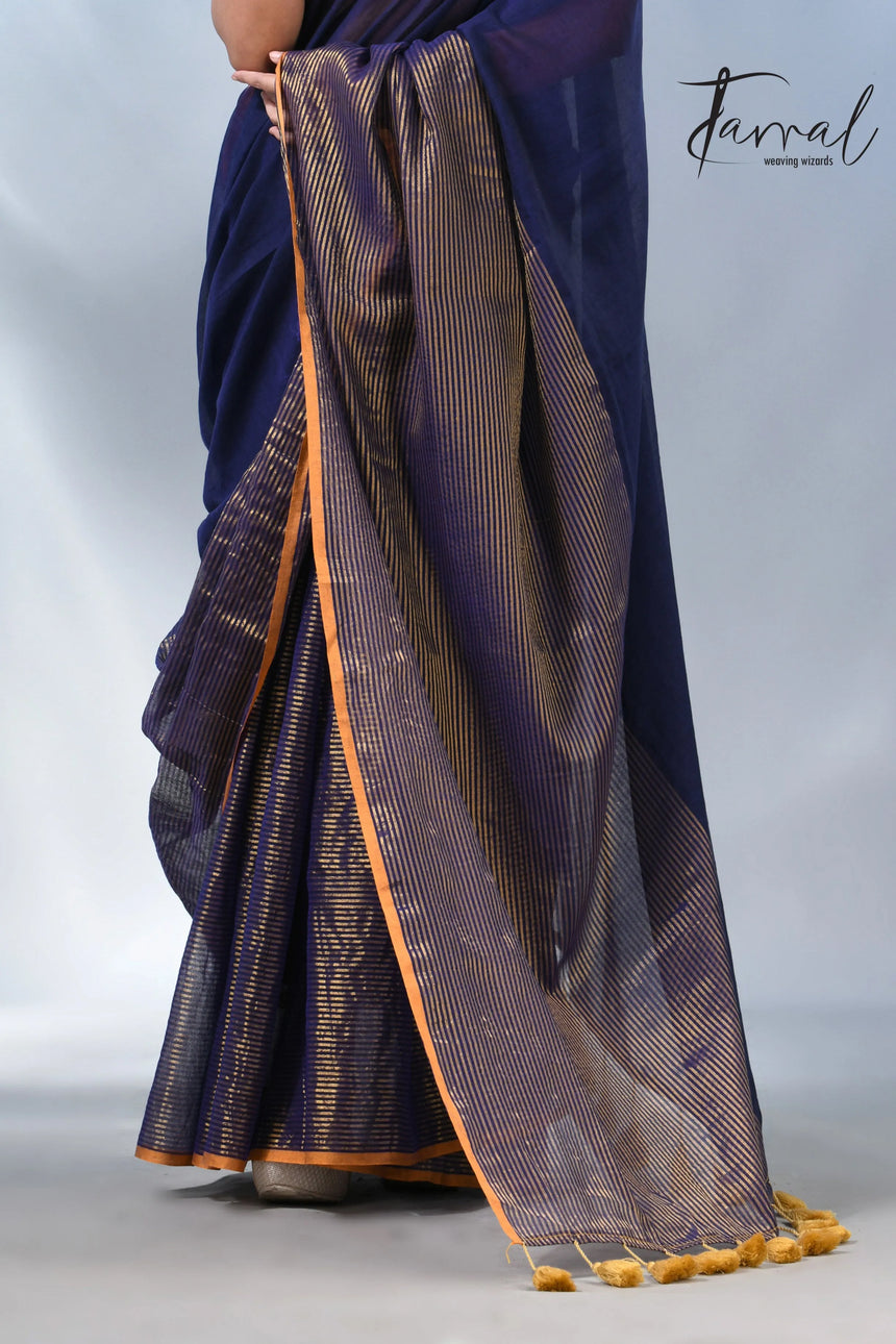 Blue with yellow color border cheack mul cotton handloom saree