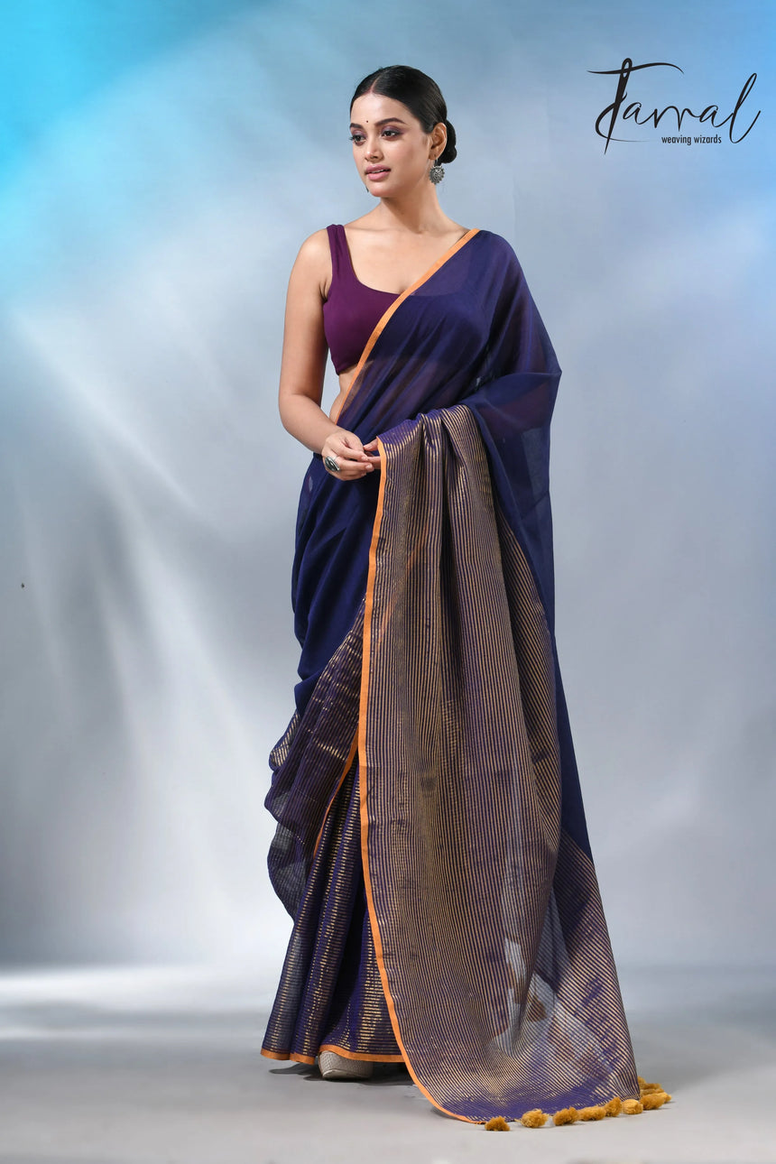 Blue with yellow color border cheack mul cotton handloom saree