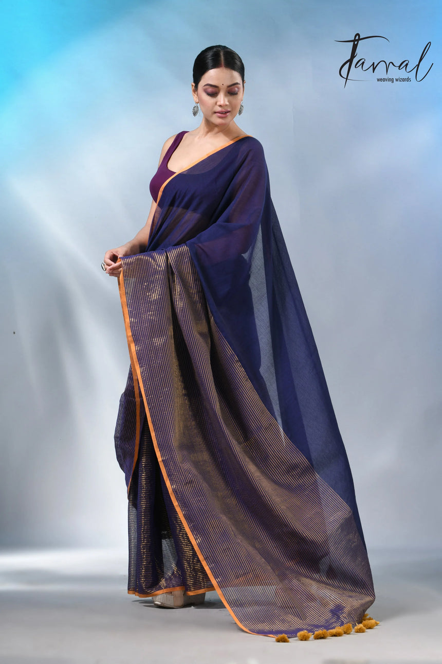 Blue with yellow color border cheack mul cotton handloom saree