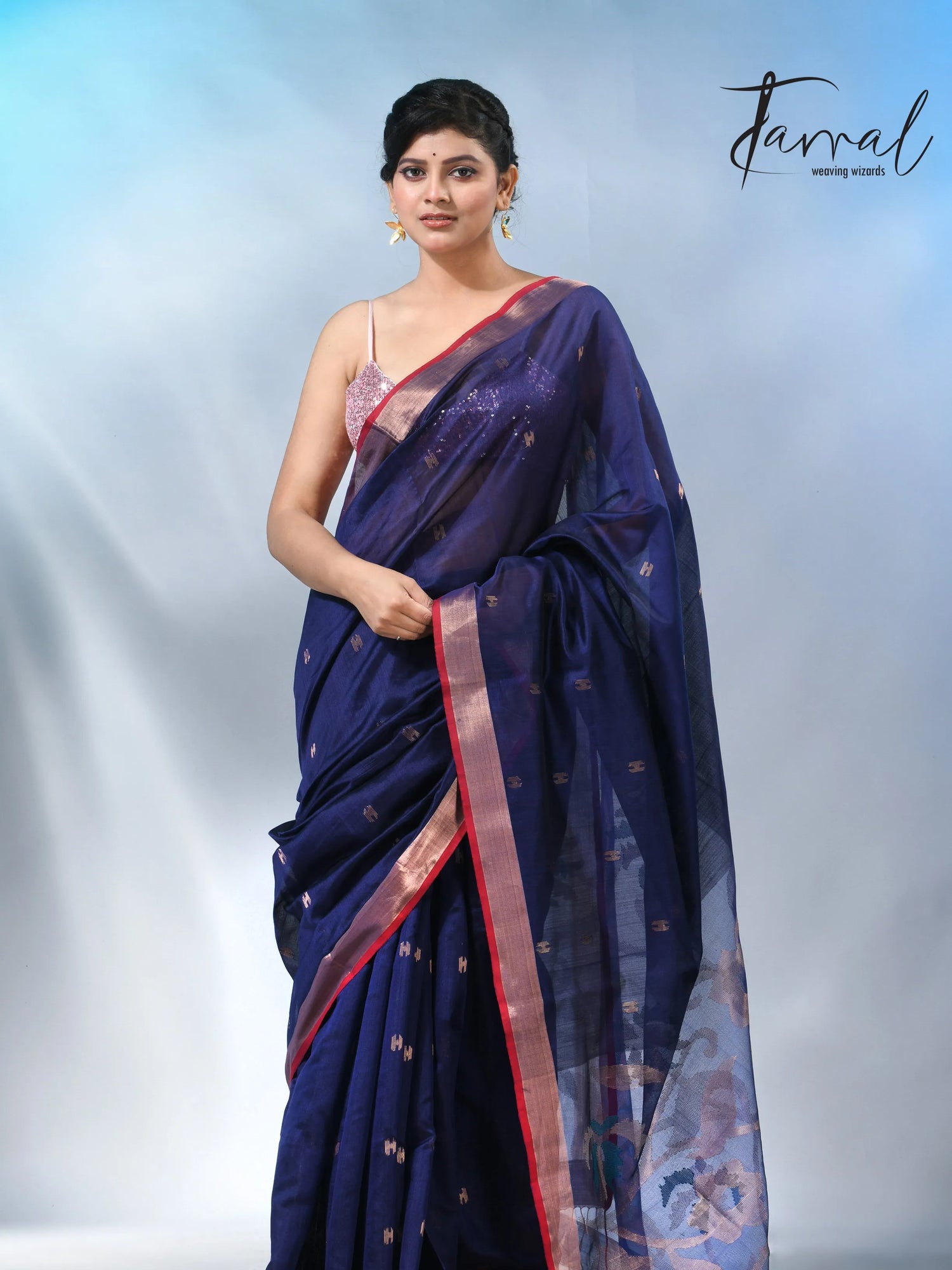 Blue with zari border bangalore silk handwoven jamdani sarees