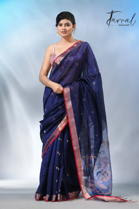 Blue with zari border bangalore silk handwoven jamdani sarees