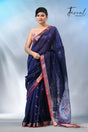 Blue with zari border bangalore silk handwoven jamdani sarees